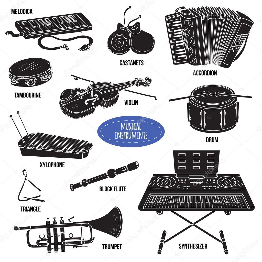Shadow set with musical instruments, vector cartoon collection