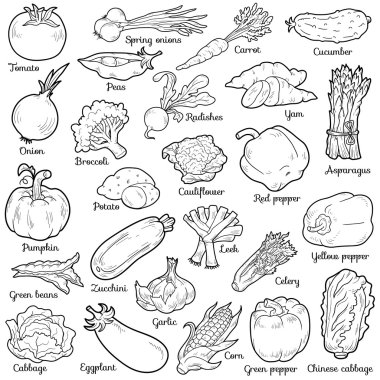 Colorless set with vegetables, vector cartoon stickers clipart