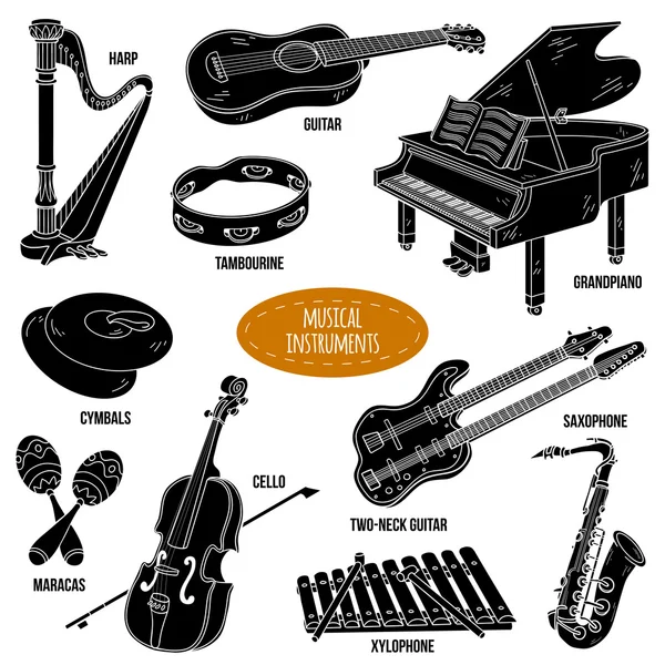 Shadow set with musical instruments, vector cartoon collection — Stock Vector