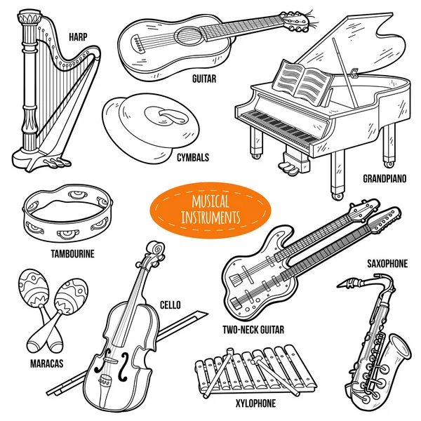 Set incoloro con instrumentos musicales, vector de dibujos animados collectio — Archivo Imágenes Vectoriales