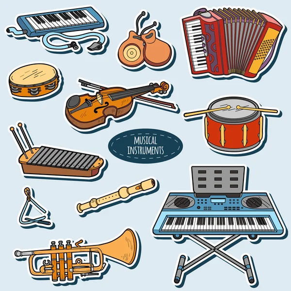 Conjunto de colores con instrumentos musicales, pegatinas de dibujos animados vectoriales — Archivo Imágenes Vectoriales