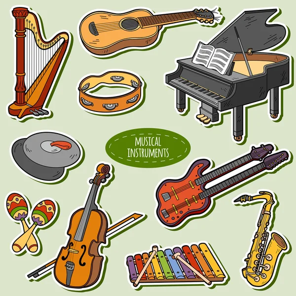 Set di colori con strumenti musicali, adesivi cartoni animati vettoriali — Vettoriale Stock
