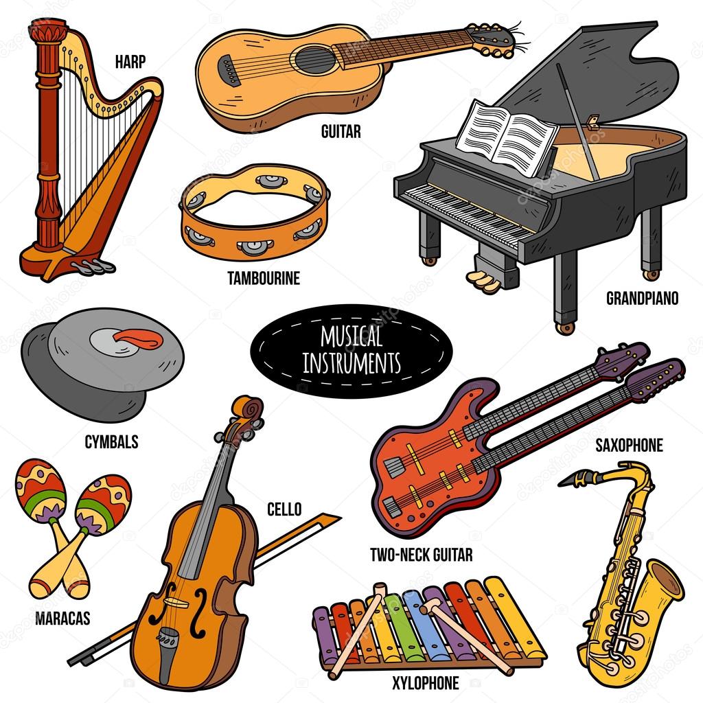 Color set with musical instruments, vector cartoon stickers Stock Vector  Image by ©ksenya_savva #88900122
