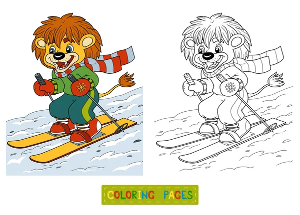 Kolorowanka dla dzieci: mały lew na nartach — Wektor stockowy