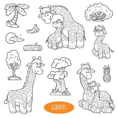 Set of cute animals and objects, vector family of giraffes