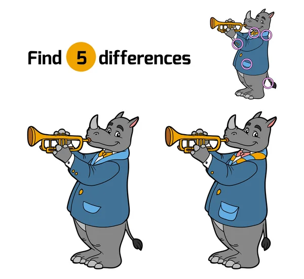 Hitta skillnader, spel för barn (rhino och trumpet) — Stock vektor