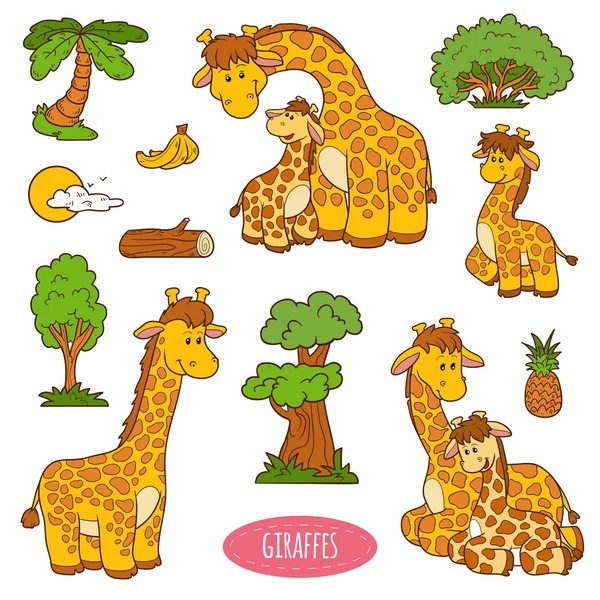Conjunto de animales y objetos lindos, pegatinas vectoriales de la jirafa — Archivo Imágenes Vectoriales