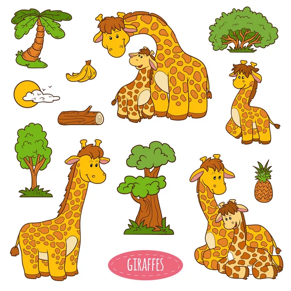 Set of cute animals and objects, vector stickers of giraffe