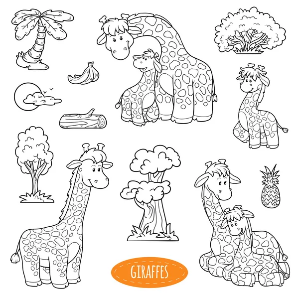 Set of cute animals and objects, vector family of giraffes — Stock Vector