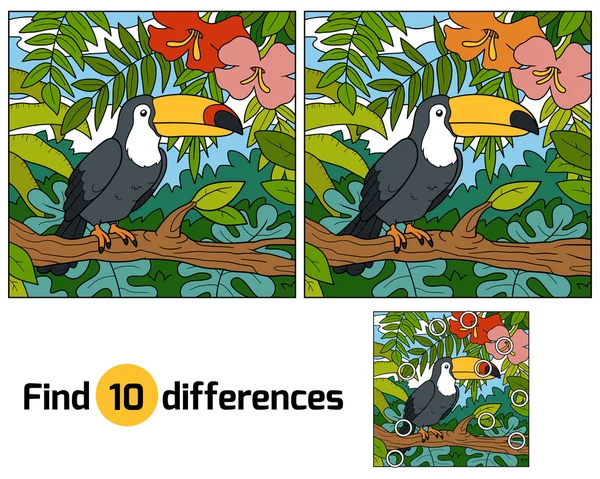 Najít rozdíly, hra pro děti (Tukan a pozadí) — Stockový vektor