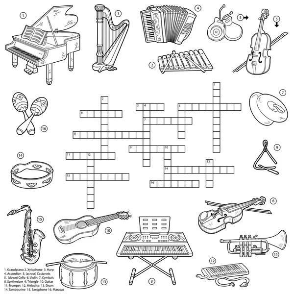 Crucigrama incoloro sobre instrumentos de música — Archivo Imágenes Vectoriales