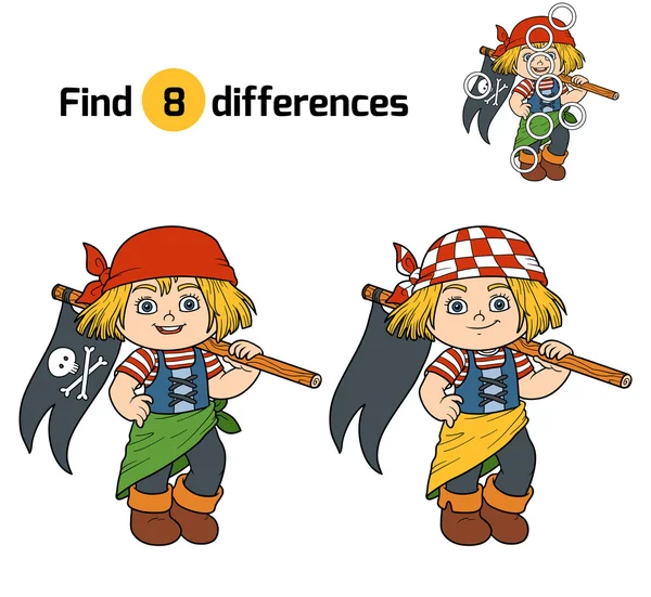 Encontrar diferenças (menina pirata e bandeira ) — Vetor de Stock