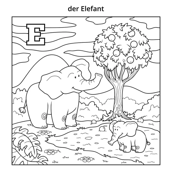 Tyska alfabetet, bokstaven E (elefanter och bakgrund) — Stock vektor