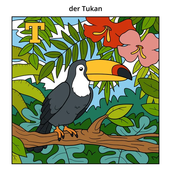 Deutsches Alphabet, Buchstabe t (Tukan und Hintergrund)) — Stockvektor