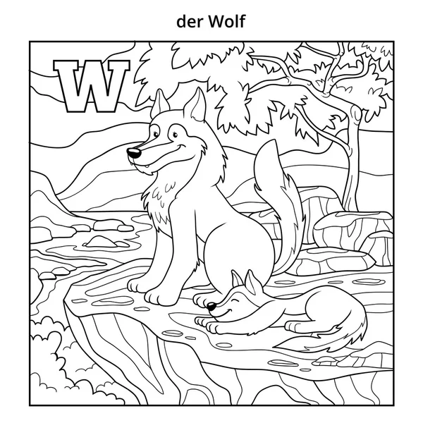 Alphabet allemand, lettre W (loup et fond) ) — Image vectorielle