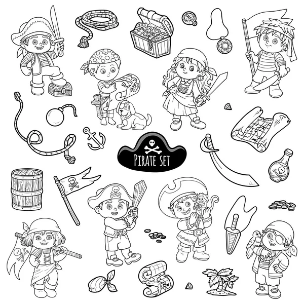Vector colorless set of pirate items and characters of pirates — Stock Vector