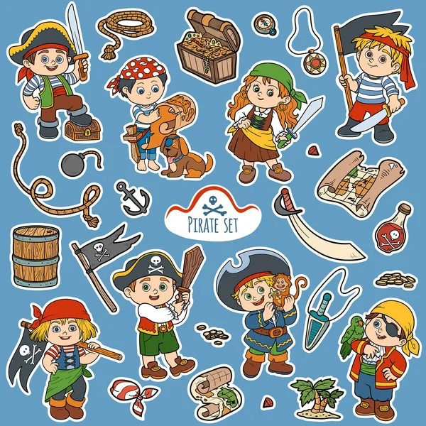 Ensemble de couleurs vectorielles d'objets pirates et de personnages de pirates — Image vectorielle