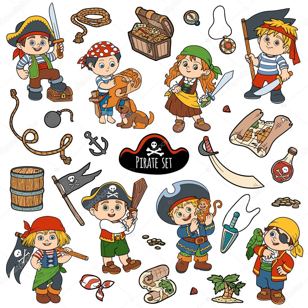Vector color set of pirate items, and characters of pirates