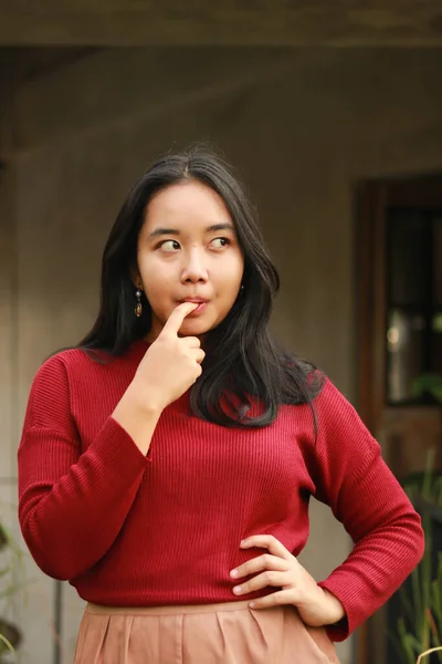 Young Beautiful Woman Wearing Red Casual Shirt — Stock Photo, Image