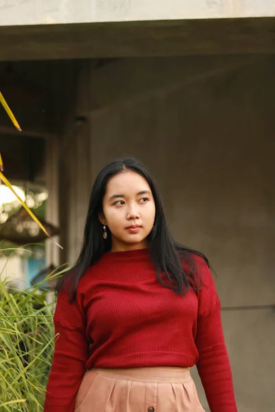 Young Beautiful Woman Wearing Red Casual Shirt — Stock Photo, Image