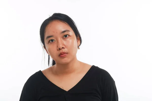 Jovem Mulher Asiática Sem Maquiagem Fundo Branco — Fotografia de Stock