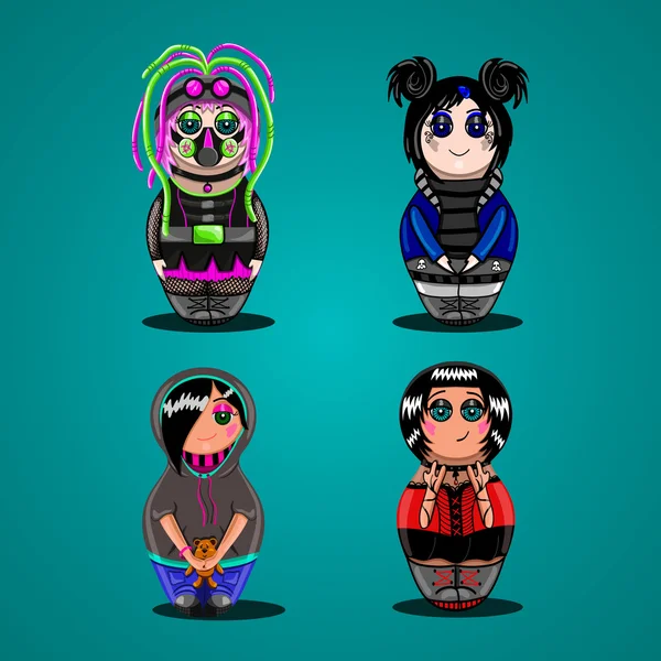 En uppsättning dockor av olika subkulturer. Emo, goth, rocker, cybe — Stock vektor