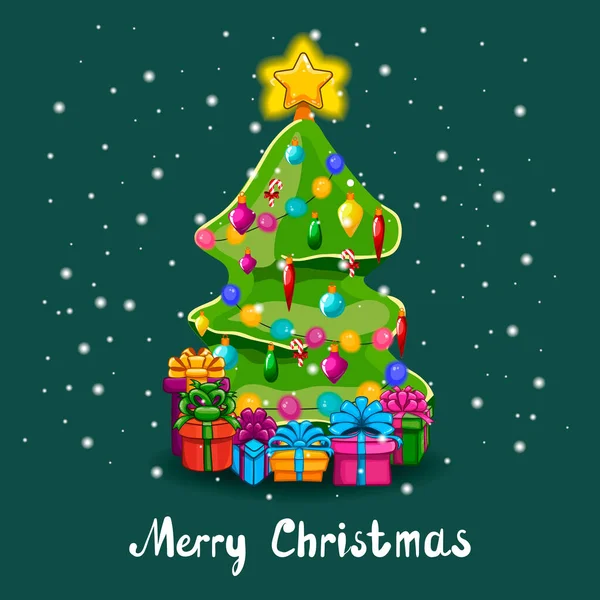 ベクター漫画クリスマスツリーと雪と新年の挨拶カード メリークリスマスイラスト — ストックベクタ