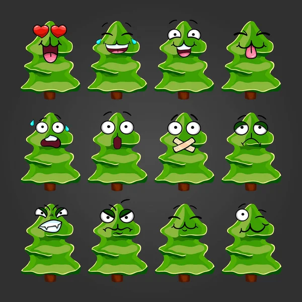 Set arbre de Noël dessin animé mignon avec différentes émotions — Image vectorielle