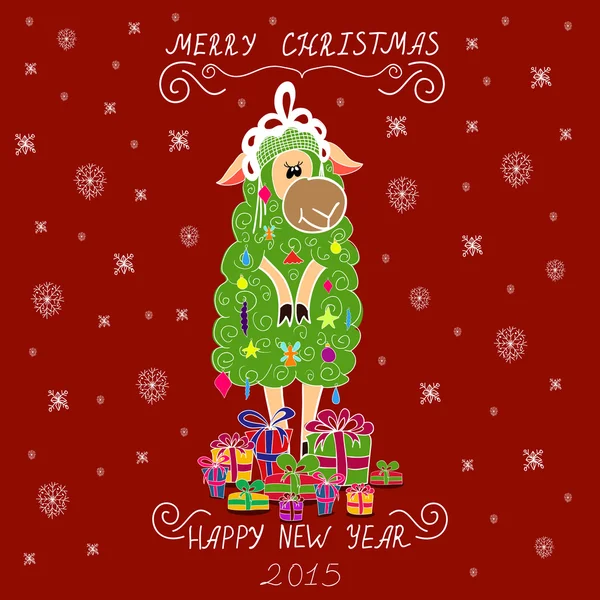 Christmas card with Christmas tree in the form of sheep and gifts — Stock Vector