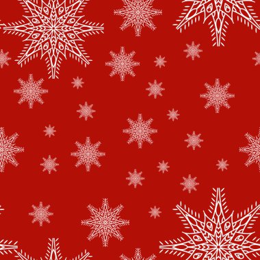 Kırmızı zemin üzerine kar taneleri ile Seamless modeli. Çizim eller