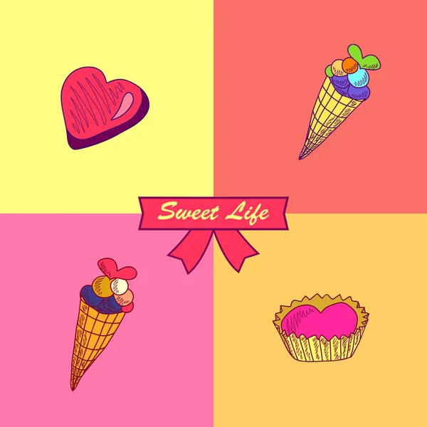 Tarjeta de felicitación. Una ilustración vectorial con dulces y el texto "Sweet life " — Archivo Imágenes Vectoriales