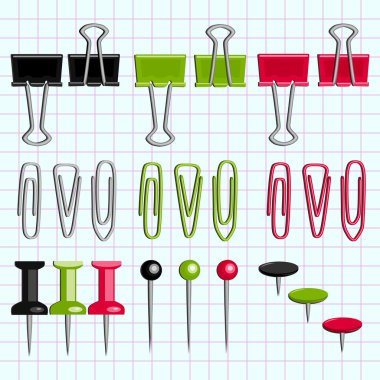 Paper clips and buttons on the notebook sheet clipart