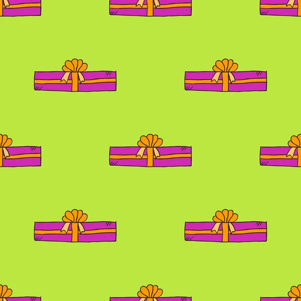 Patrón sin costuras con caja de regalo doodle sobre fondo verde — Vector de stock