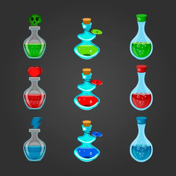 Set bouteilles avec différentes potions — Image vectorielle