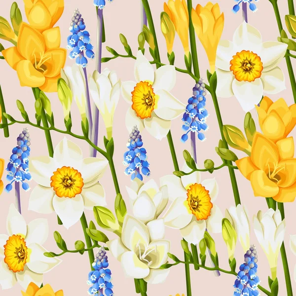 Fondo sin costuras de freesia, narciso y muscari — Archivo Imágenes Vectoriales