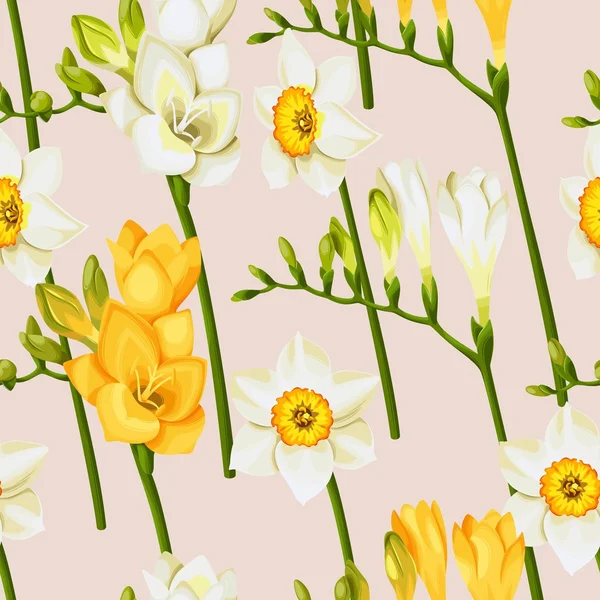 Freesia y vector de narciso fondo sin costuras — Vector de stock