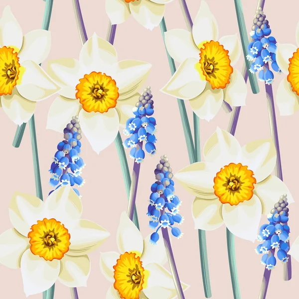 Daffodil y muscari vector fondo sin costuras — Vector de stock