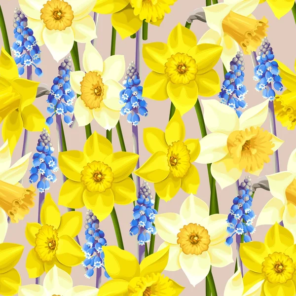 Daffodil and muscari vector seamless background — Stock Vector