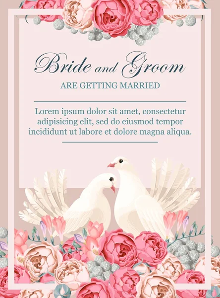 Hochzeitseinladung mit weißen Tauben — Stockvektor