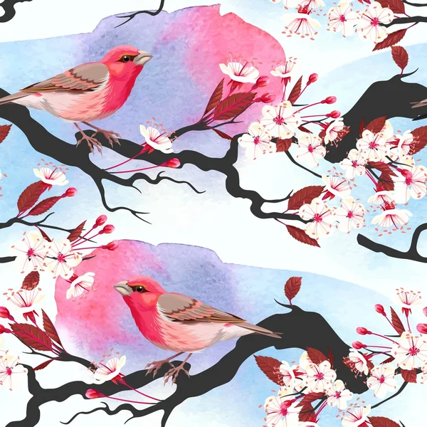 Pink bird on cherry branch seamless - Stok Vektor