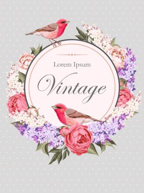 Vintage kartı çiçekler ve kuşlar