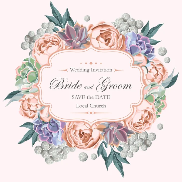 Invitación de boda con rosas peonias y suculentas — Vector de stock