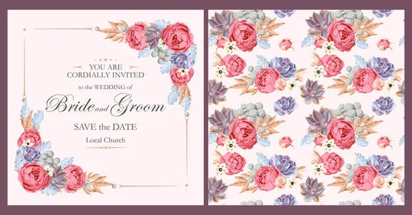 Invitación de boda con rosas peonias y suculentas Ilustraciones De Stock Sin Royalties Gratis