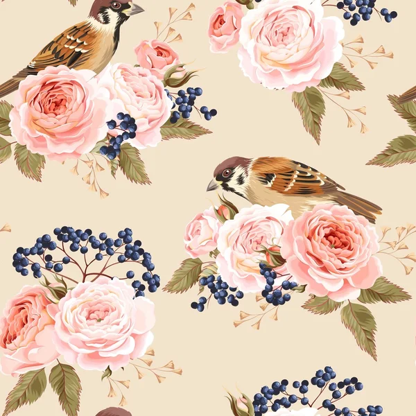 Roses et oiseaux sans couture — Image vectorielle