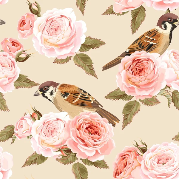 Rosas y pájaros sin costuras — Archivo Imágenes Vectoriales
