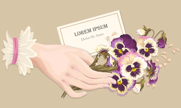 Illustration of hand with pansies — Stock Vector