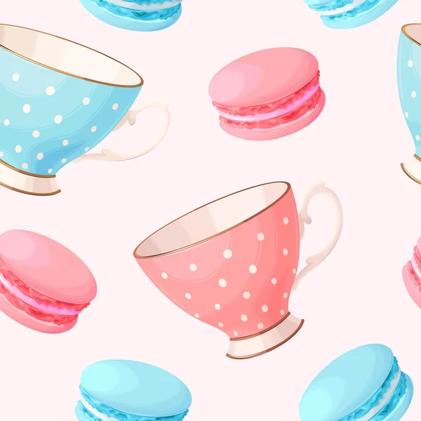 Seamless teacups and macarons — Stock Vector