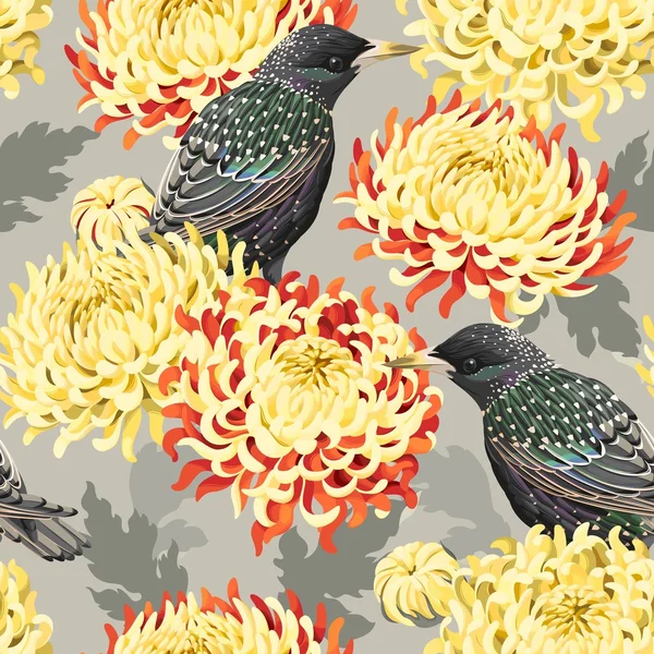 Chrysanthème et oiseaux sans couture — Image vectorielle