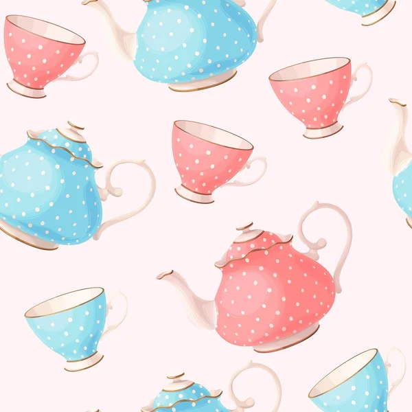 Naadloze patroon met thee potten en bekers — Stockvector