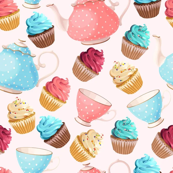 Nahtlose Teetassen und Cupcakes — Stockvektor